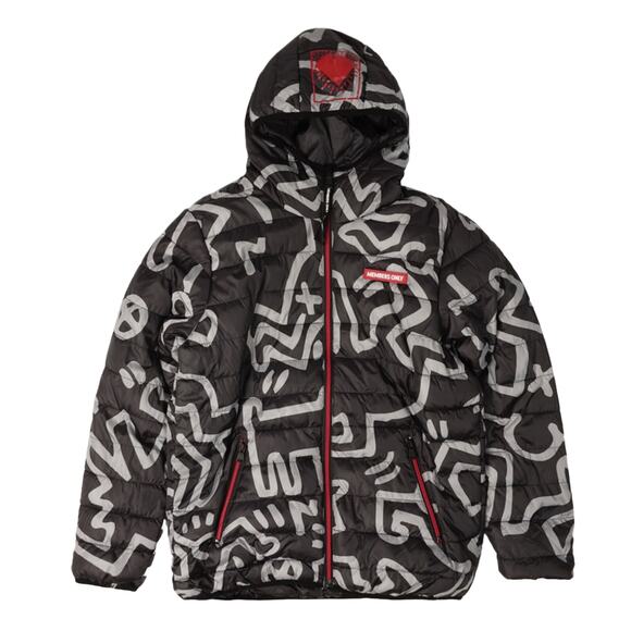 Keith Haring x Members Only Mens Reversible Black Print Puffer Jacket Size S Y2K - Picture 1 of 10